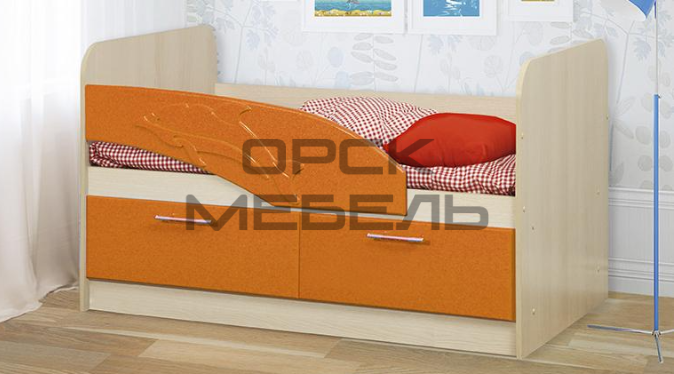 Кровать одинарная 06.01 (Дельфин) (1400) (дуб линдберг/пвх оранжевый металлик) осн.